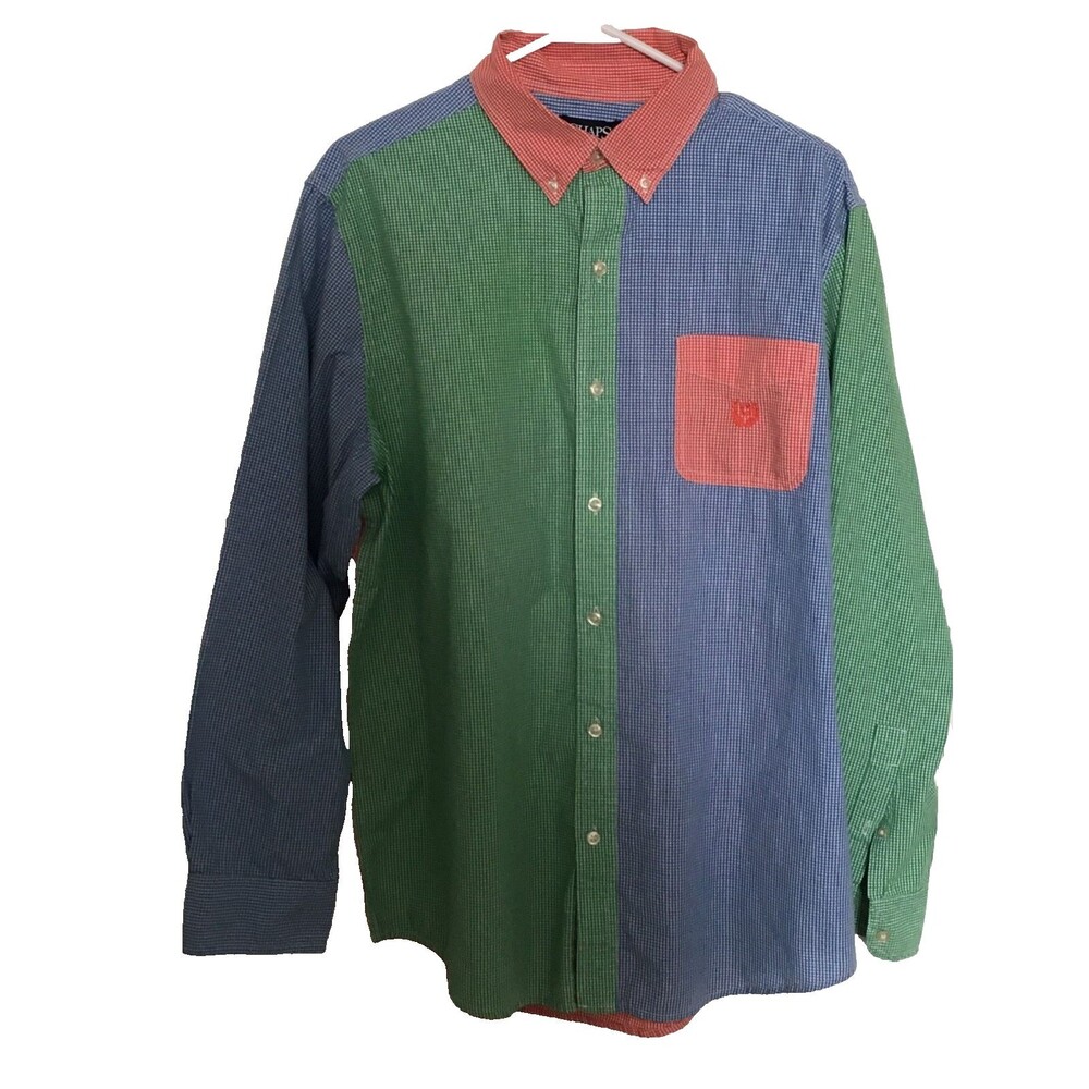 Mens Chaps Color Block Shirt L Large Long Sleeve Easy Care Gingham Check